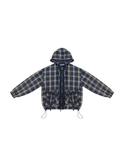 Retro Collegiate Style Navy Plaid Hooded Zipper Lazy Casual Jacket【s0000018421】