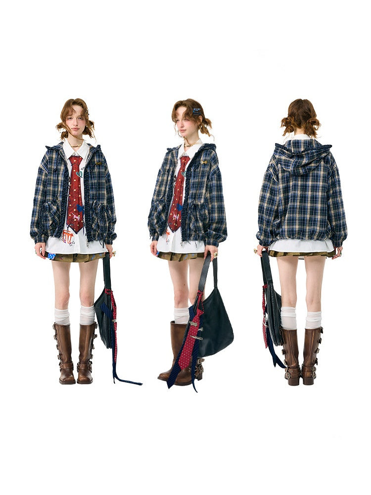 Retro Collegiate Style Navy Plaid Hooded Zipper Lazy Casual Jacket【s0000018421】
