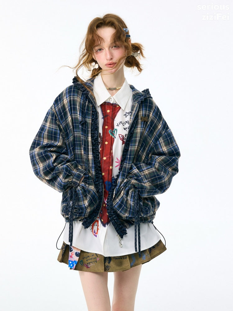 Retro Collegiate Style Navy Plaid Hooded Zipper Lazy Casual Jacket【s0000018421】