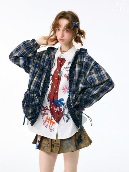 Retro Collegiate Style Navy Plaid Hooded Zipper Lazy Casual Jacket【s0000018421】