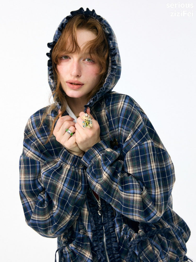 Retro Collegiate Style Navy Plaid Hooded Zipper Lazy Casual Jacket【s0000018421】