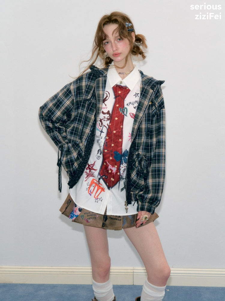 Retro Collegiate Style Navy Plaid Hooded Zipper Lazy Casual Jacket【s0000018421】