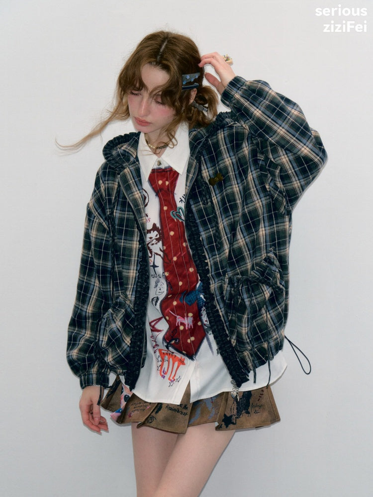 Retro Collegiate Style Navy Plaid Hooded Zipper Lazy Casual Jacket【s0000018421】