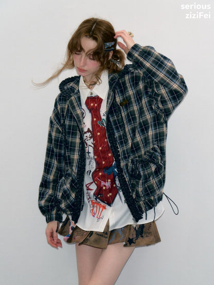 Retro Collegiate Style Navy Plaid Hooded Zipper Lazy Casual Jacket【s0000018421】