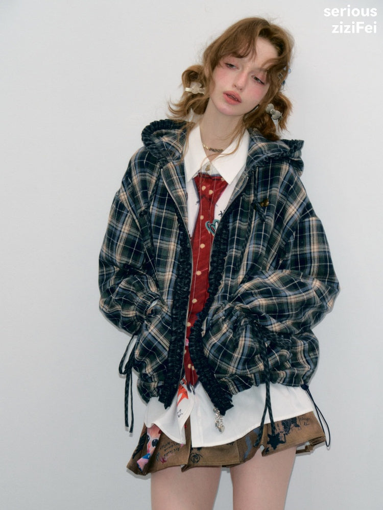 Retro Collegiate Style Navy Plaid Hooded Zipper Lazy Casual Jacket【s0000018421】