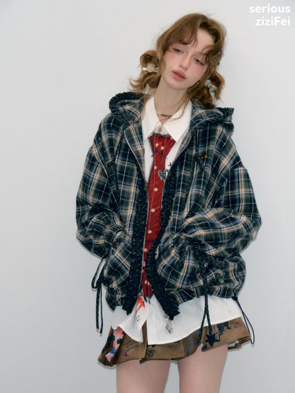 Retro Collegiate Style Navy Plaid Hooded Zipper Lazy Casual Jacket【s0000018421】