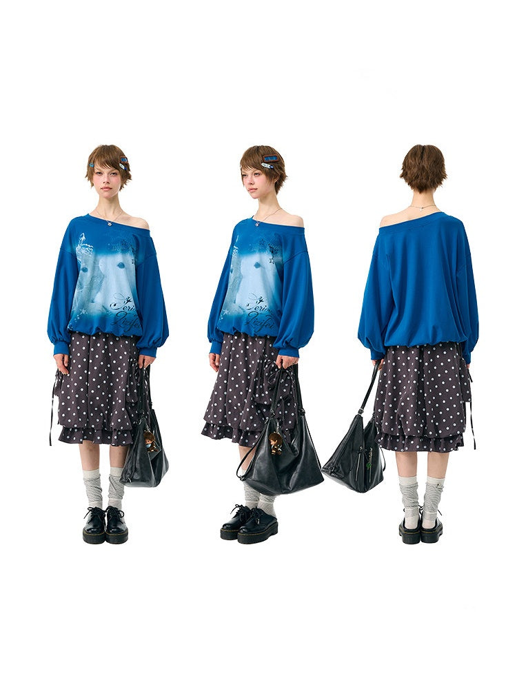 Starlight Embrace Vintage Klein Blue Bunny Print Lantern Sleeve Cross-Shoulder Sweatshirt【s0000018423】