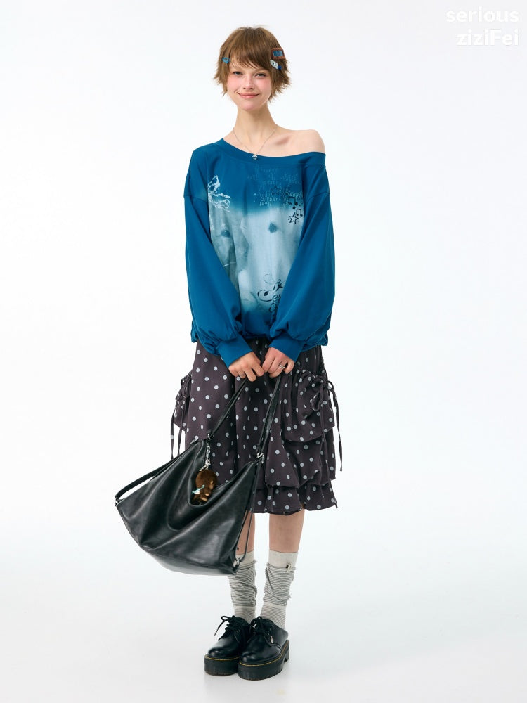 Starlight Embrace Vintage Klein Blue Bunny Print Lantern Sleeve Cross-Shoulder Sweatshirt【s0000018423】