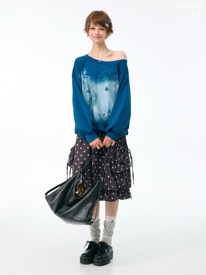 Starlight Embrace Vintage Klein Blue Bunny Print Lantern Sleeve Cross-Shoulder Sweatshirt【s0000018423】