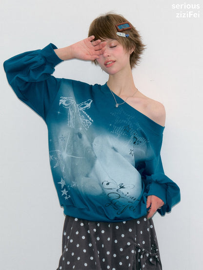 Starlight Embrace Vintage Klein Blue Bunny Print Lantern Sleeve Cross-Shoulder Sweatshirt【s0000018423】