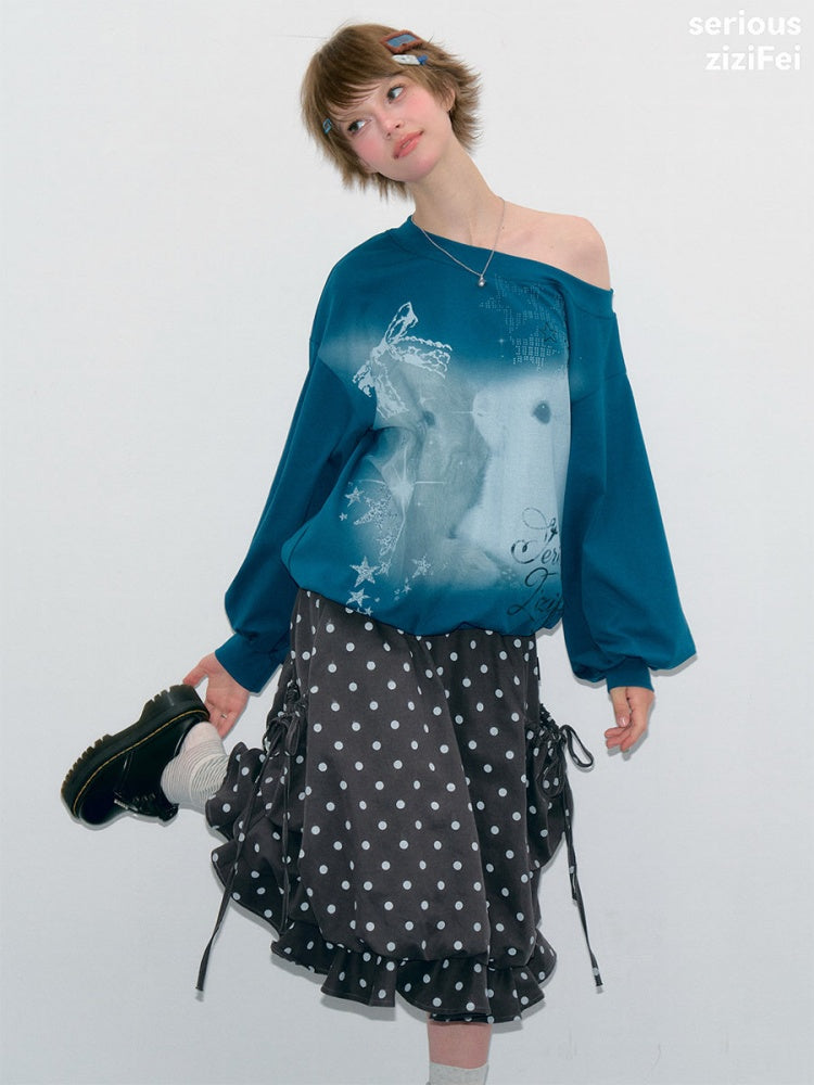 Starlight Embrace Vintage Klein Blue Bunny Print Lantern Sleeve Cross-Shoulder Sweatshirt【s0000018423】