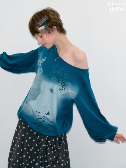 Starlight Embrace Vintage Klein Blue Bunny Print Lantern Sleeve Cross-Shoulder Sweatshirt【s0000018423】