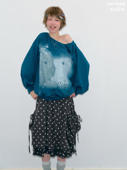 Starlight Embrace Vintage Klein Blue Bunny Print Lantern Sleeve Cross-Shoulder Sweatshirt【s0000018423】