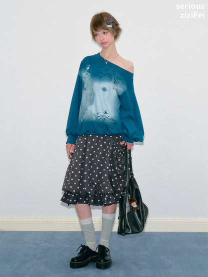 Starlight Embrace Vintage Klein Blue Bunny Print Lantern Sleeve Cross-Shoulder Sweatshirt【s0000018423】