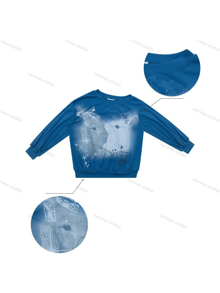 Starlight Embrace Vintage Klein Blue Bunny Print Lantern Sleeve Cross-Shoulder Sweatshirt【s0000018423】