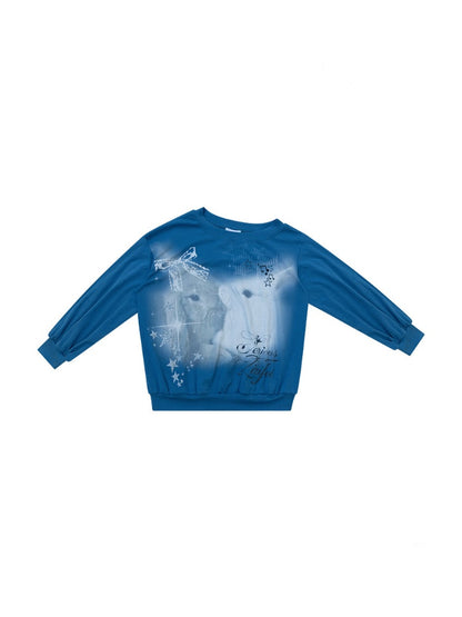 Starlight Embrace Vintage Klein Blue Bunny Print Lantern Sleeve Cross-Shoulder Sweatshirt【s0000018423】