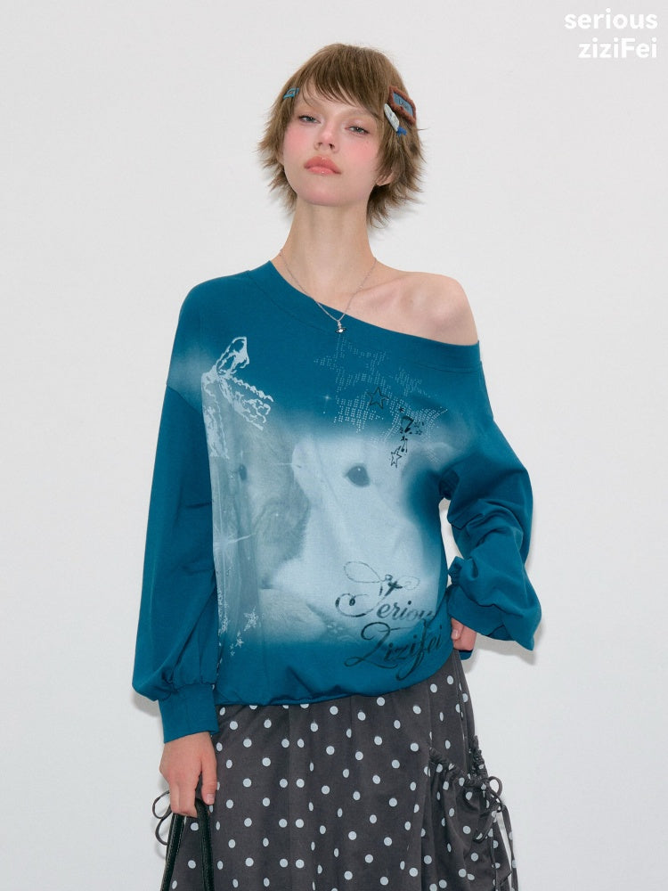 Starlight Embrace Vintage Klein Blue Bunny Print Lantern Sleeve Cross-Shoulder Sweatshirt【s0000018423】
