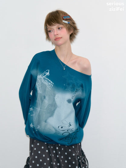 Starlight Embrace Vintage Klein Blue Bunny Print Lantern Sleeve Cross-Shoulder Sweatshirt【s0000018423】