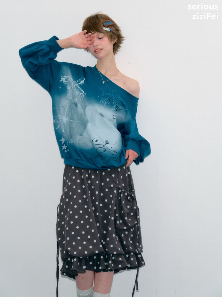 Starlight Embrace Vintage Klein Blue Bunny Print Lantern Sleeve Cross-Shoulder Sweatshirt【s0000018423】