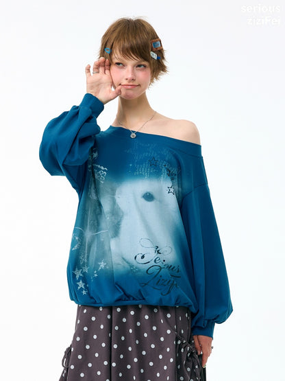 Starlight Embrace Vintage Klein Blue Bunny Print Lantern Sleeve Cross-Shoulder Sweatshirt【s0000018423】