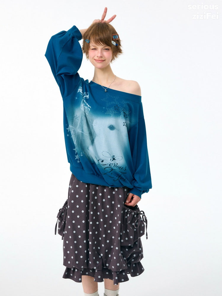 Starlight Embrace Vintage Klein Blue Bunny Print Lantern Sleeve Cross-Shoulder Sweatshirt【s0000018423】