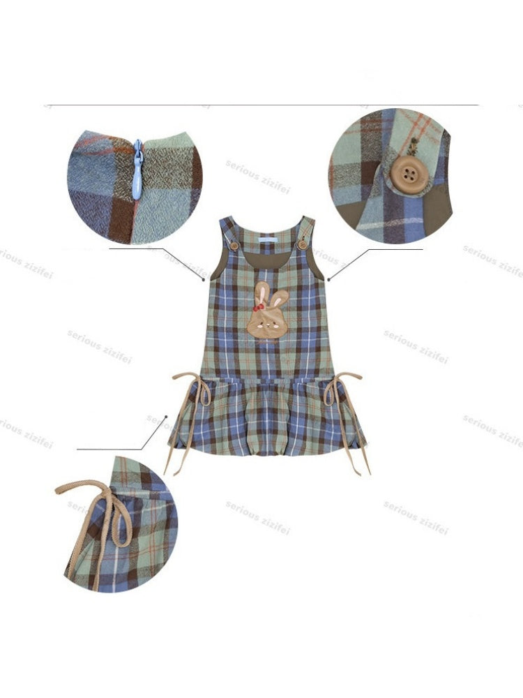 Vintage Blue-Green Plaid Rabbit Patchwork Layered Vest Dress【s0000018424】