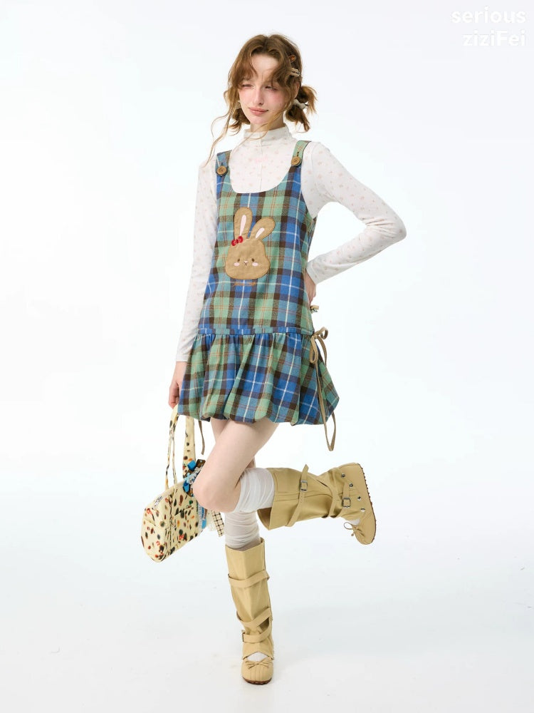 Vintage Blue-Green Plaid Rabbit Patchwork Layered Vest Dress【s0000018424】