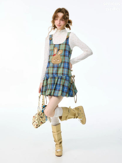 Vintage Blue-Green Plaid Rabbit Patchwork Layered Vest Dress【s0000018424】