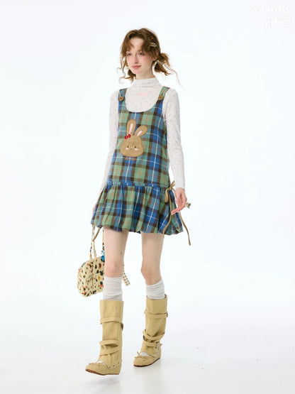 Vintage Blue-Green Plaid Rabbit Patchwork Layered Vest Dress【s0000018424】
