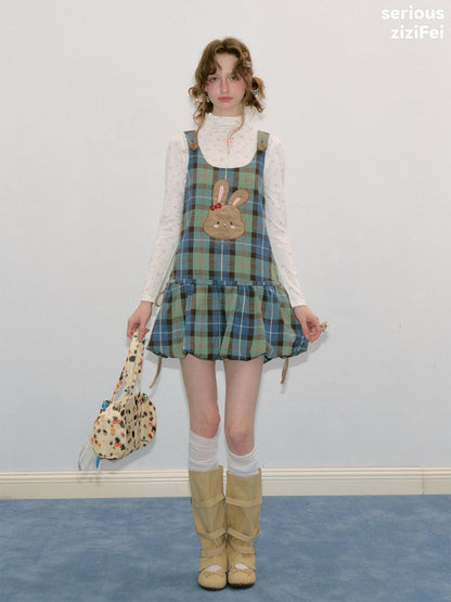 Vintage Blue-Green Plaid Rabbit Patchwork Layered Vest Dress【s0000018424】