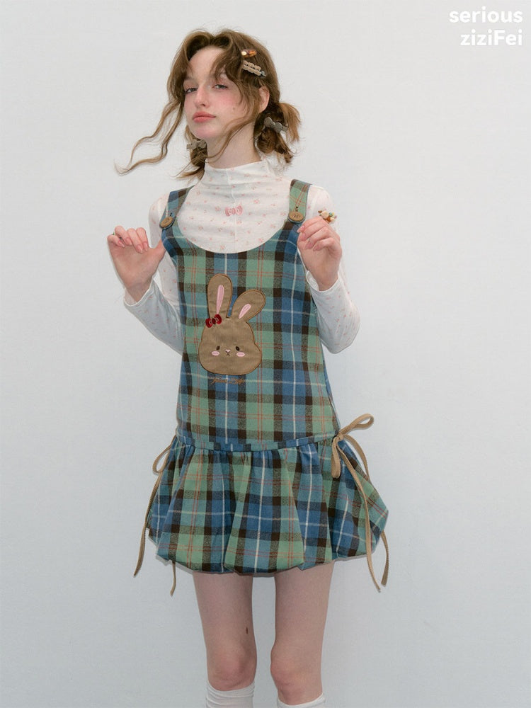 Vintage Blue-Green Plaid Rabbit Patchwork Layered Vest Dress【s0000018424】