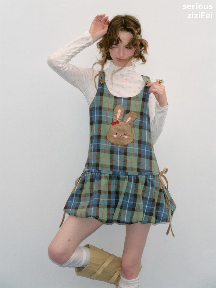 Vintage Blue-Green Plaid Rabbit Patchwork Layered Vest Dress【s0000018424】
