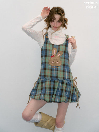 Vintage Blue-Green Plaid Rabbit Patchwork Layered Vest Dress【s0000018424】