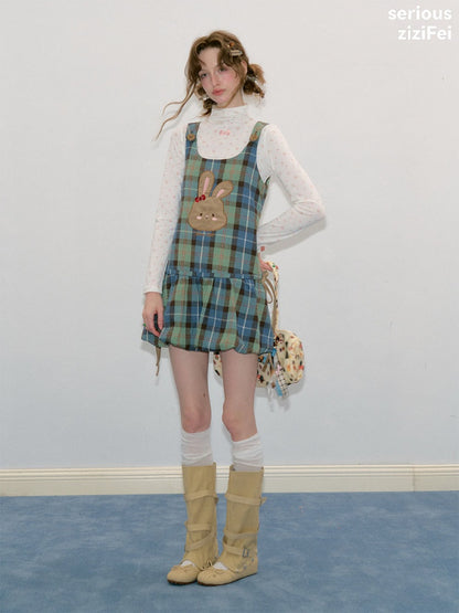 Vintage Blue-Green Plaid Rabbit Patchwork Layered Vest Dress【s0000018424】