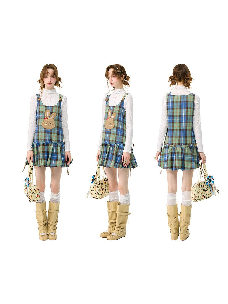 Vintage Blue-Green Plaid Rabbit Patchwork Layered Vest Dress【s0000018424】