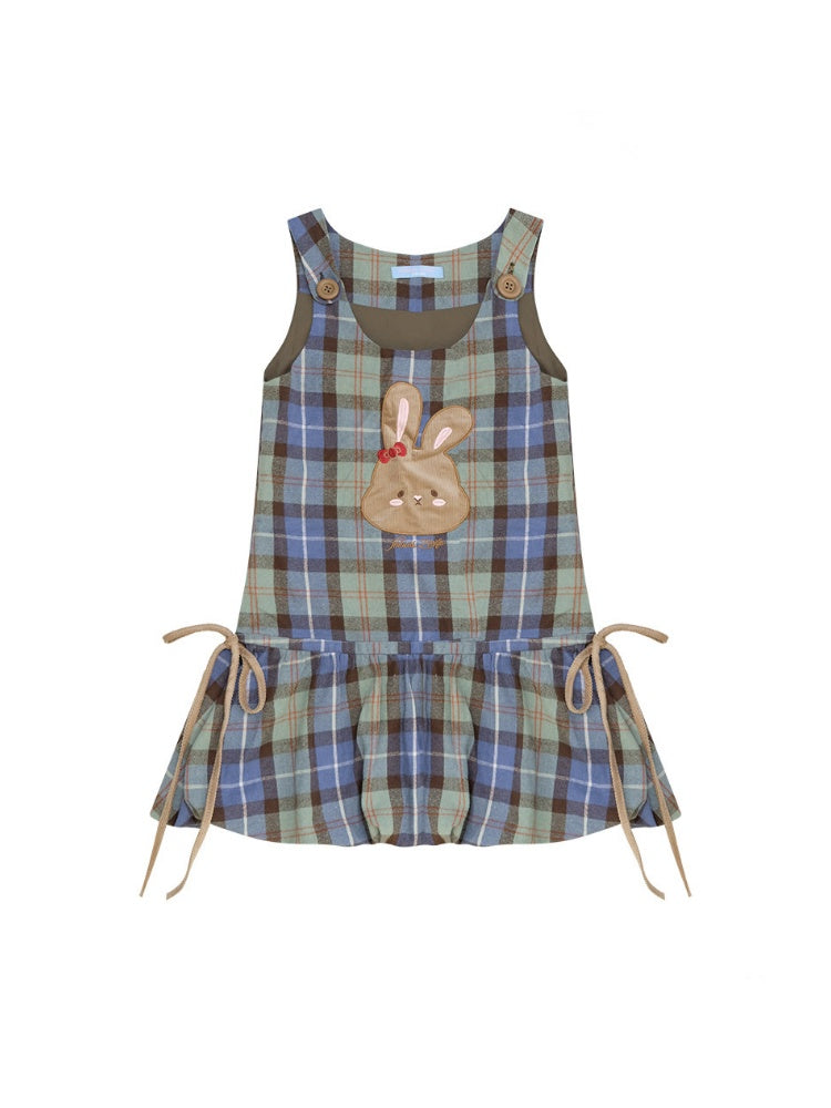 Vintage Blue-Green Plaid Rabbit Patchwork Layered Vest Dress【s0000018424】