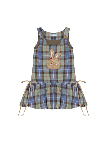 Vintage Blue-Green Plaid Rabbit Patchwork Layered Vest Dress【s0000018424】