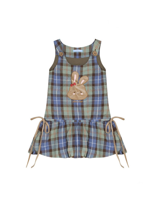 Vintage Blue-Green Plaid Rabbit Patchwork Layered Vest Dress【s0000018424】