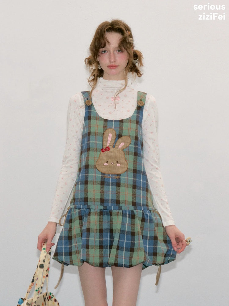 Vintage Blue-Green Plaid Rabbit Patchwork Layered Vest Dress【s0000018424】