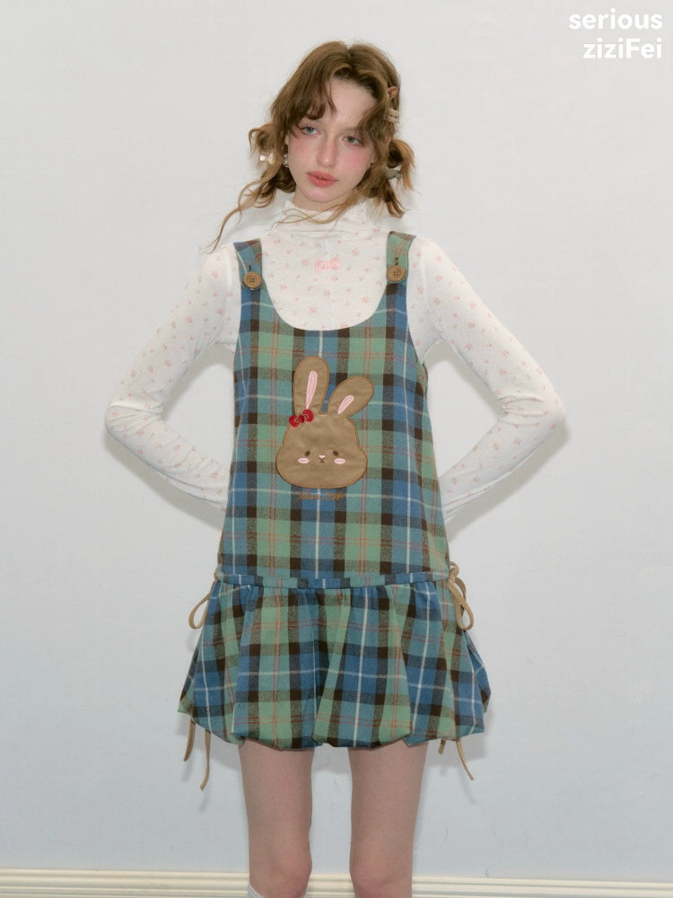 Vintage Blue-Green Plaid Rabbit Patchwork Layered Vest Dress【s0000018424】