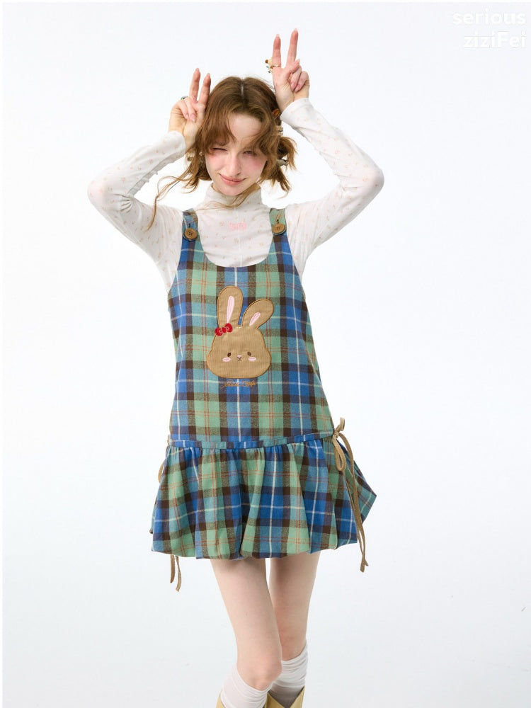 Vintage Blue-Green Plaid Rabbit Patchwork Layered Vest Dress【s0000018424】