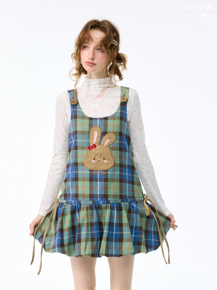 Vintage Blue-Green Plaid Rabbit Patchwork Layered Vest Dress【s0000018424】