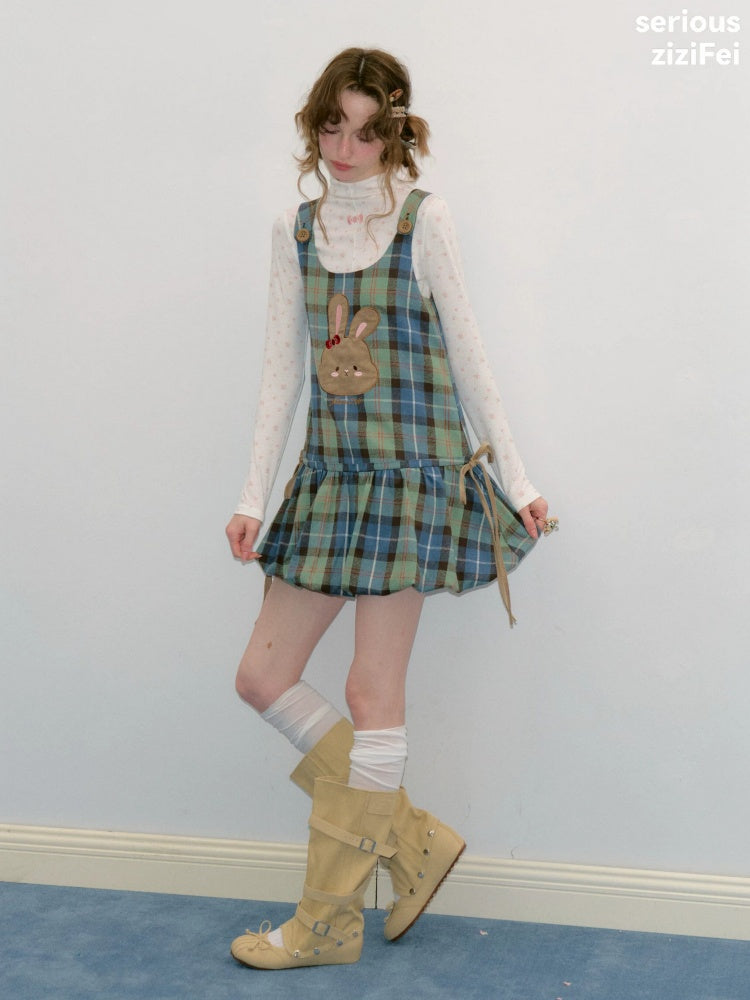 Vintage Blue-Green Plaid Rabbit Patchwork Layered Vest Dress【s0000018424】