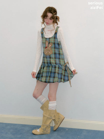 Vintage Blue-Green Plaid Rabbit Patchwork Layered Vest Dress【s0000018424】