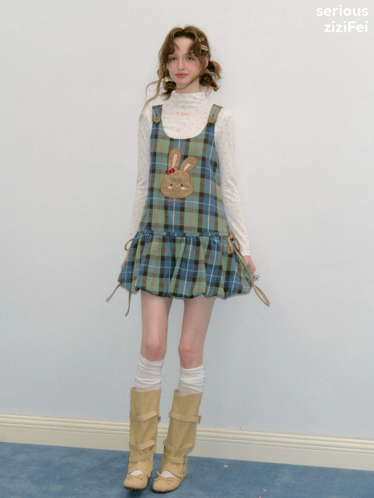 Vintage Blue-Green Plaid Rabbit Patchwork Layered Vest Dress【s0000018424】