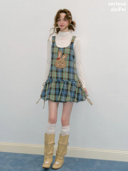 Vintage Blue-Green Plaid Rabbit Patchwork Layered Vest Dress【s0000018424】