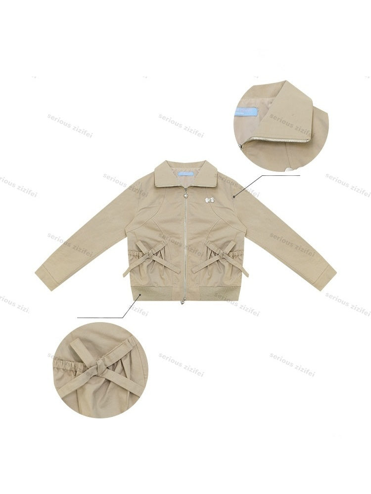 Vintage Khaki Cropped Slim Collar Workwear Jacket【s0000018425】