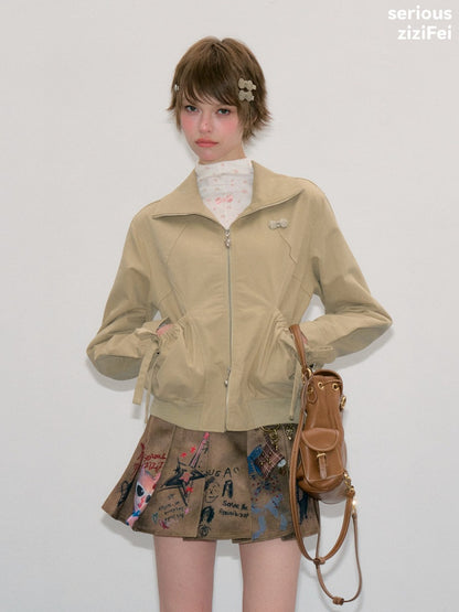 Vintage Khaki Cropped Slim Collar Workwear Jacket【s0000018425】