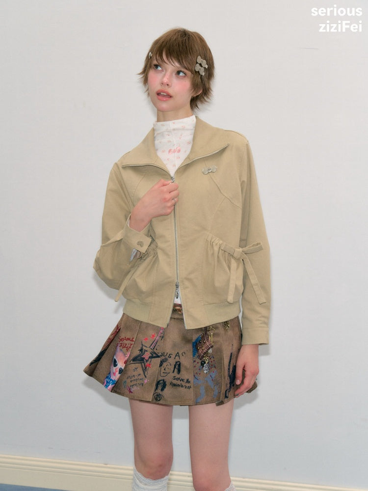 Vintage Khaki Cropped Slim Collar Workwear Jacket【s0000018425】