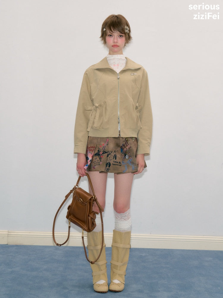 Vintage Khaki Cropped Slim Collar Workwear Jacket【s0000018425】